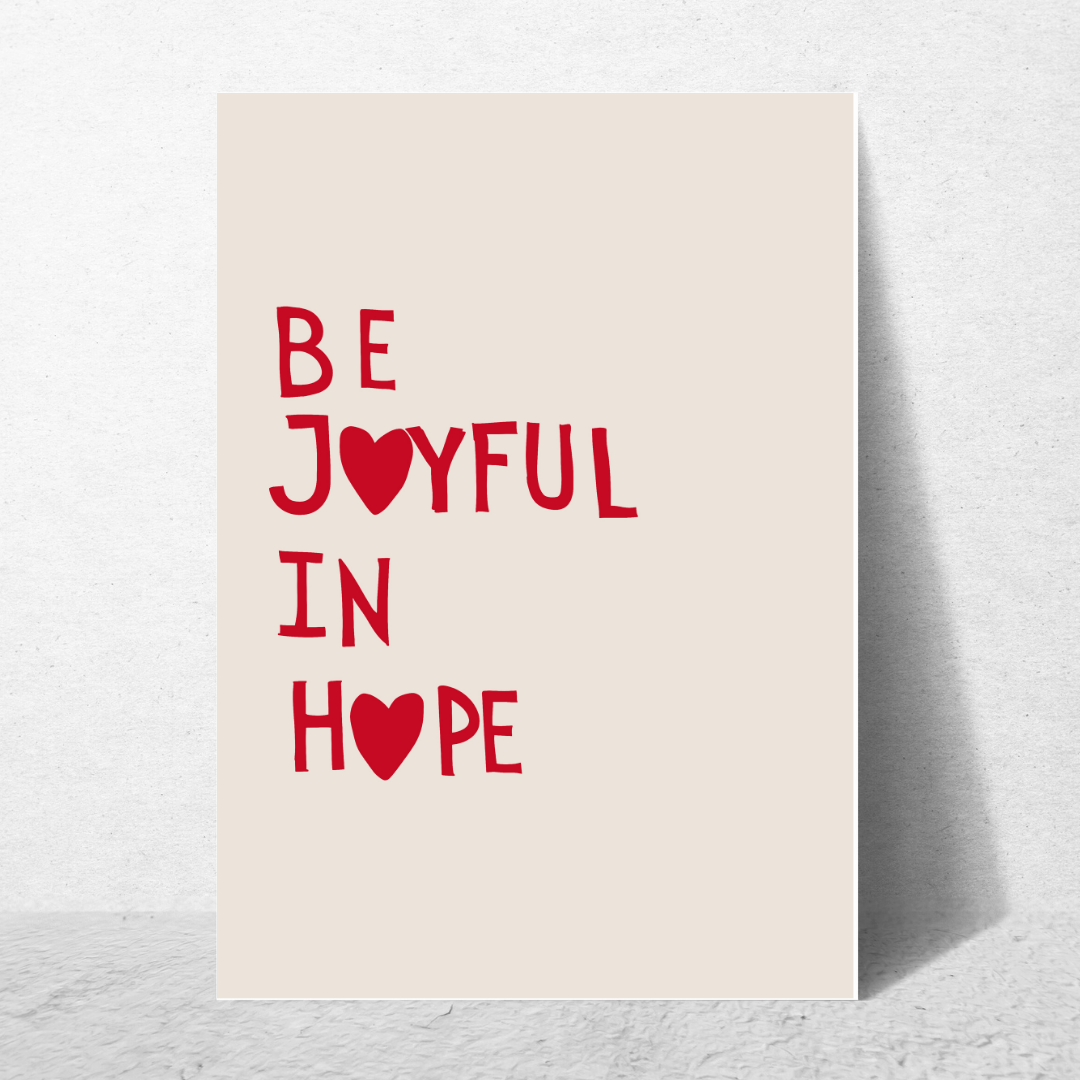 affiche citation motivante "be joyful in hope" rouge et beige