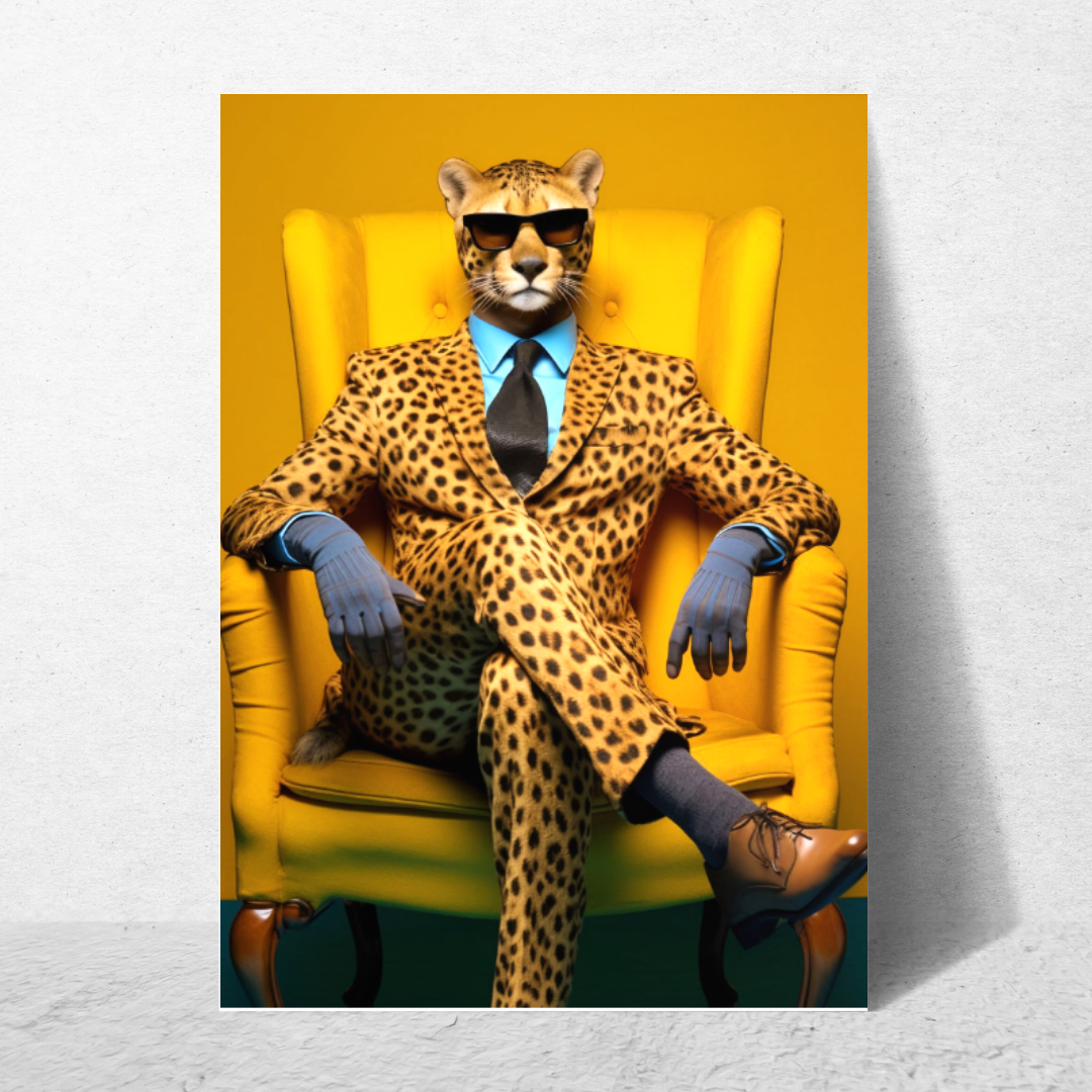 affiche jaguar personnifié dans un fauteuil