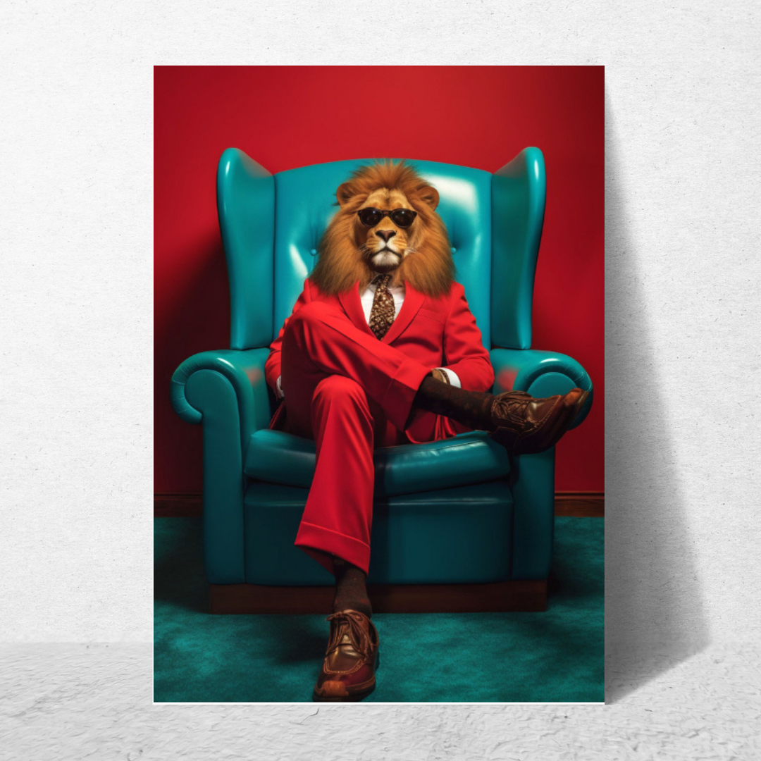 affiche lion personnifié dans un fauteuil