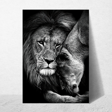 affiche de lion et lionne en noir et blanc